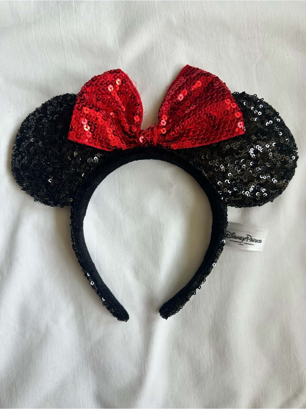 Official Disney Parks Sequin Minnie Ears Headband with Red Bow- Black & Red